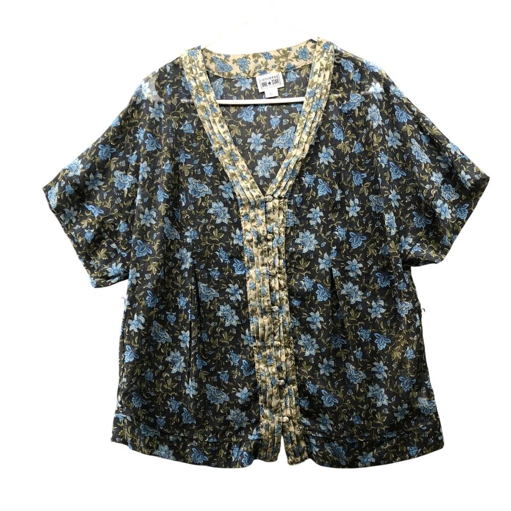 NWT Converse Chiffon Blouse Womens L Blue Floral V-Neck Short Sleeve Pintuck‎